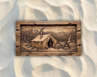 Canvas Wall Tent Mountain Campfire STL File, 3D Relief CNC Router File, Wood Carving 3D Printing Model, Camping Wall Art, Hunting Home Decor