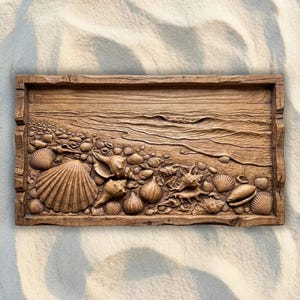 Shells on Beach Wave Rustic CNC STL File, 3D Relief CNC Router File, Wood Carving 3D Printing Model, Coastal Wall Art Beach Home Decor