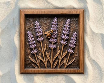 Panel de lavanda y abejorros (archivo STL para CNC), archivo para fresadora CNC de relieve 3D, modelo para impresión 3D de tallado en madera, arte floral para pared, decoración natural para el hogar.