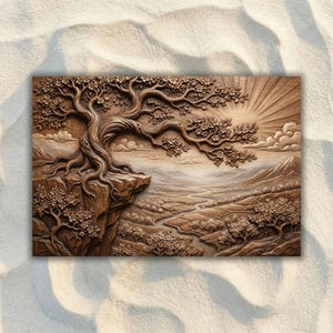 May include: A detailed wooden relief carving depicts a tree on a cliff overlooking a valley with a river and mountains. The sun shines brightly in the background. The artwork is a warm brown color.