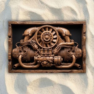 Puede incluir: Una pieza de arte mural rectangular de madera que presenta un relieve tallado en tres dimensiones detallado de un motor bóxer refrigerado por aire. La escultura muestra componentes complejos que incluyen un ventilador central, colectores y cilindros.