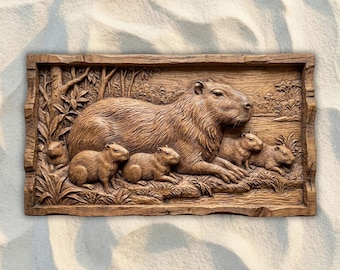 Archivo STL CNC de la familia Capibara, archivo para fresadora CNC de relieve 3D, modelo para impresión 3D de tallado en madera, arte mural de vida silvestre, decoración tropical para el hogar