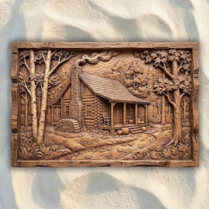 May include: A rectangular wooden wall plaque featuring a detailed relief carving of a log cabin in a forest setting. The scene includes a stone chimney with smoke, a porch with a rocking chair, a woodpile, trees, and pumpkins on the ground.