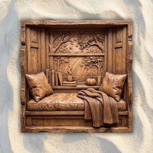 Cozy Autumn Reading Nook STL File, Fall Bas Relief CNC Router Wood Carving & 3D Print, Carveco, Aspire, Easel, Carbide Create, VCarve