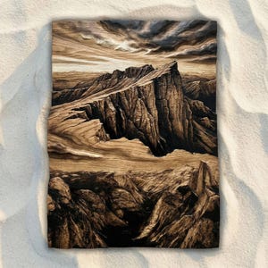 May include: A wood-burned landscape artwork showing a mountain range beneath a cloudy sky. The piece uses shades of brown and tan, with detailed textures and a natural wood grain.