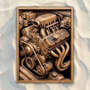 May include: A detailed wooden relief carving of a car engine, showcasing various components like the intake manifold, exhaust headers, and belts. The artwork is framed in a rectangular wooden frame, with a natural wood grain finish. The carving is set against a neutral background.