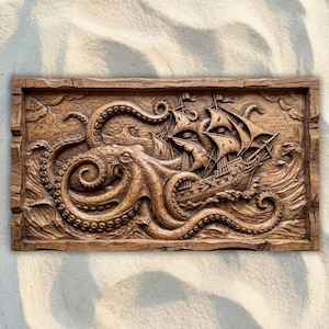 May include: A rectangular wooden carving depicts a ship under attack by a giant octopus. The octopus's tentacles wrap around the ship, which is tossed in turbulent waves. The carving is in shades of brown and has a detailed, textured surface.