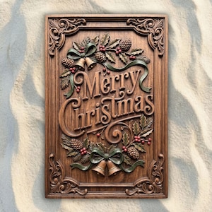 Puede incluir: Una placa de pared rectangular de madera con el texto Merry Christmas tallado en letra cursiva. El diseño incluye relieves de hojas de acebo, bayas rojas, piñas y dos pares de campanas atadas con cintas verdes dentro de un marco.