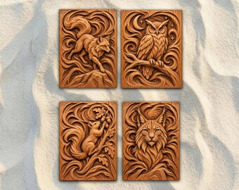 Woodland Set of 4 STL Files Bundle | Fox Owl Squirrel Lynx 3D Relief CNC Router Wood Carving | VCarve Aspire Carveco