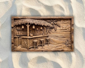 May include: A rectangular wooden wall carving featuring a detailed relief of a beachside tiki bar. The scene depicts a thatched-roof structure with a bar counter, three stools, shelves filled with bottles, hanging lanterns, and palm trees.