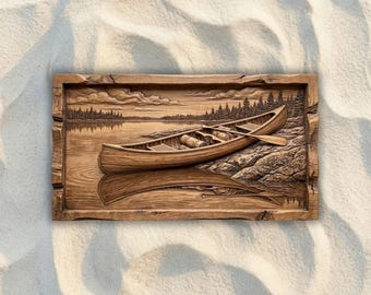 Wooden Canoe Wilderness Lake CNC STL File, 3D Relief CNC Router File, Wood Carving 3D Printing Model, Outdoor Wall Art, Cabin Home Decor