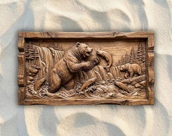Arquivo STL de Urso Pardo Pescando Salmão | Download Digital para Escultura em Madeira em Baixo Relevo 3D para Roteador CNC