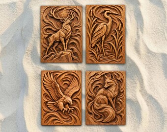 Wildlife Set of 4 STL Files Bundle | Stag Heron Eagle Fox 3D Relief CNC Router Wood Carving | VCarve Aspire Carveco