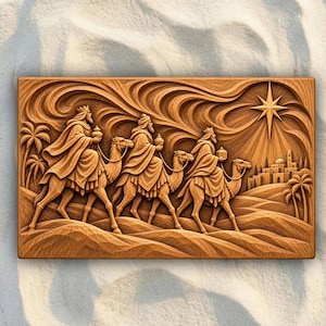 May include: A rectangular wooden wall plaque featuring a relief carving of three figures wearing crowns and robes, each riding a camel across a desert landscape toward a distant city under a large, bright, multi-pointed star in the sky.