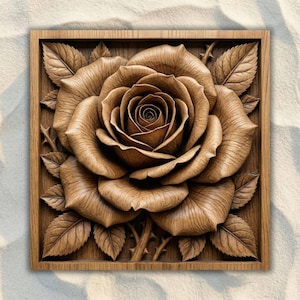 May include: A detailed wooden carving of a rose in full bloom, set within a square frame. The rose is a warm brown colour, with intricate details on the petals and leaves. The piece is likely for wall decor.
