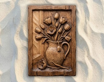 Tulips in Vase Rustic Plaque CNC STL File, 3D Relief CNC Router File, Wood Carving 3D Printing Model, Floral Wall Art, Botanical Home Decor