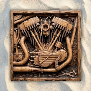 May include: A square wooden wall art piece featuring a detailed relief carving of a V-twin motorcycle engine. The brown wood sculpture displays intricate mechanical components, including cylinders, exhaust pipes, and small tools like wrenches at the base.