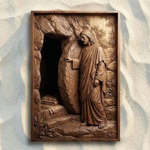 May include: A detailed wooden relief carving depicting a biblical scene. The artwork features a figure in flowing robes standing near a large stone, with a cave entrance in the background. The carving is set within a rectangular frame.