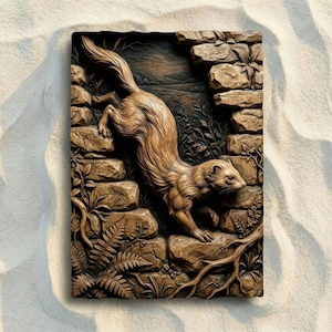 May include: A detailed wooden relief carving of a ferret climbing a stone wall. The ferret is depicted with textured fur and is surrounded by carved foliage and rocks. The artwork is in shades of brown and tan, with a natural, rustic aesthetic.
