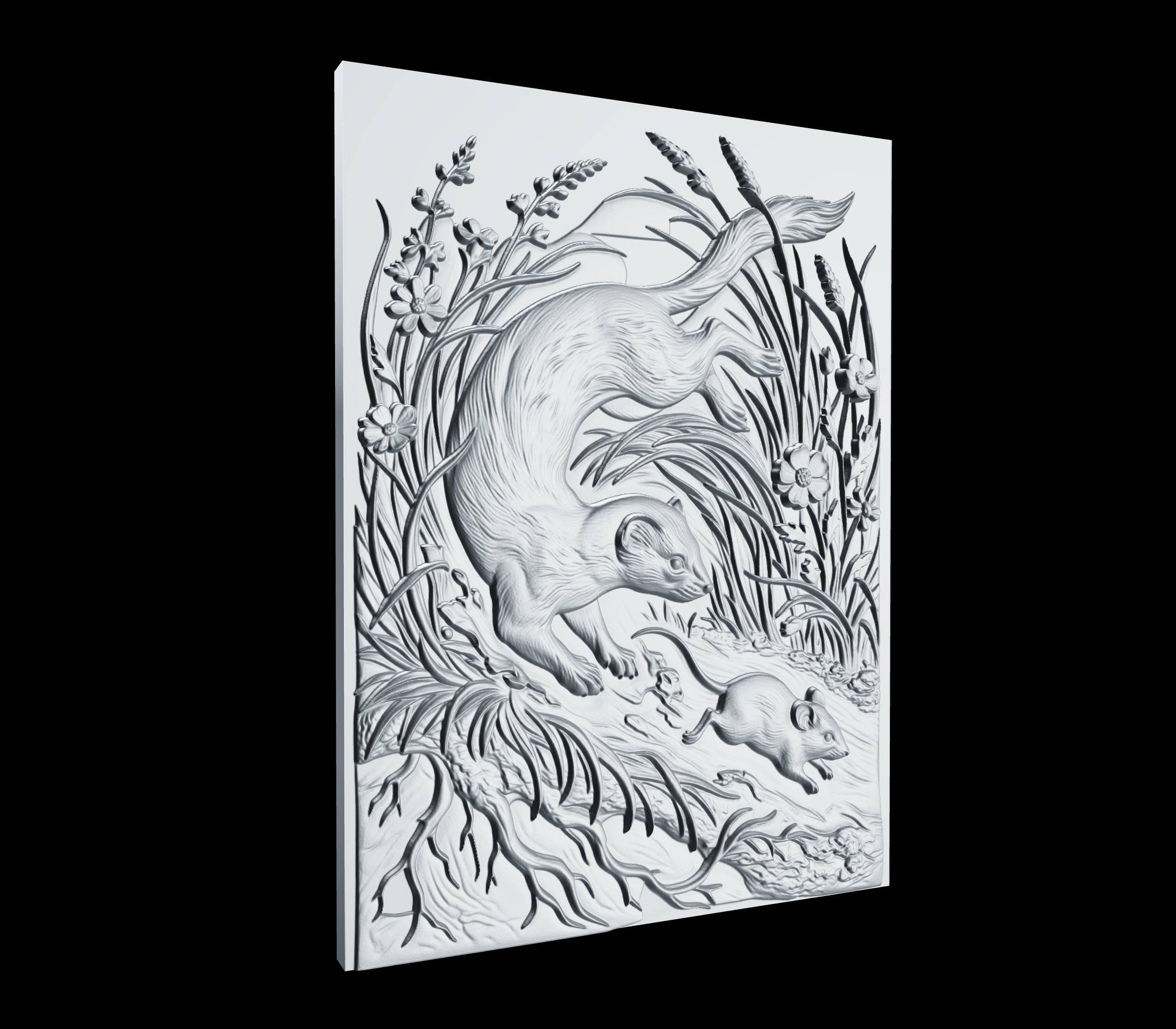 Weasel Chasing Mouse CNC STL File, 3D Relief CNC Router File, Wood ...