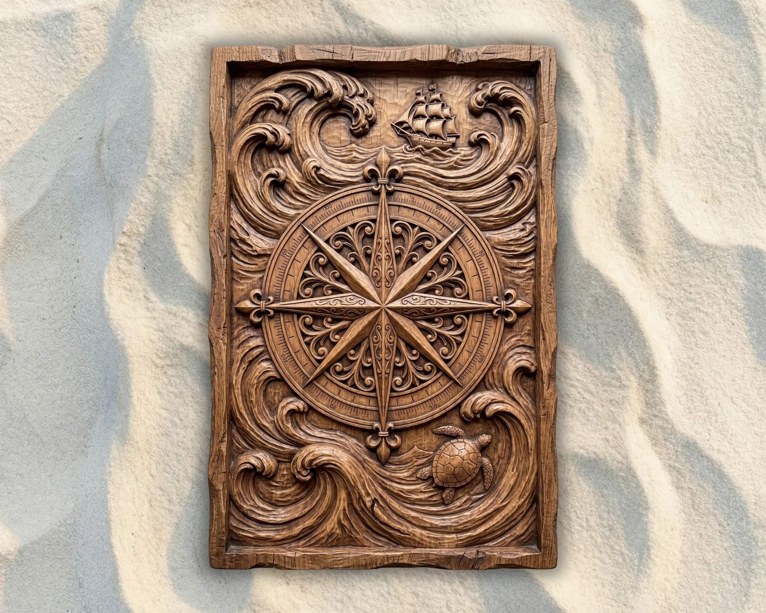 Nautical Compass Rose With Ship STL File, Bas Relief CNC Router