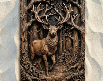 May include: A rectangular wooden wall plaque featuring a detailed relief carving of a stag with large antlers standing in a forest. The artwork depicts the deer surrounded by intricate tree trunks and branches, rendered in shades of brown.