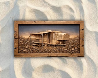 Camper Wildflower Meadow STL File, 3D Relief CNC Router File, Wood Carving 3D Printing Model, Camping Wall Art, RV Home Decor