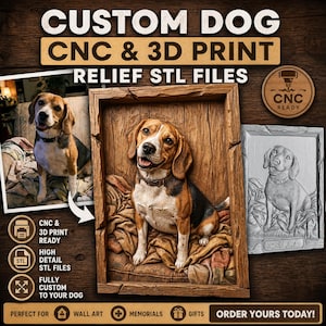 Może przedstawiać: Grafika cyfrowa z tekstem CUSTOM DOG CNC & 3D PRINT RELIEF STL FILES. Przedstawia zdjęcie beagle'a, trójwymiarowy relief z drewna tego samego psa oraz szary model do druku 3D. Zawiera ikony plików CNC i STL.