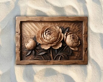 Peony Trio Rustic Panel CNC STL File, 3D Relief CNC Router File, Wood Carving 3D Printing Model, Floral Wall Art, Botanical Home Decor