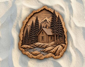 Mountain Cabin and Stream STL File | 3D Relief CNC Router Wood Carving Model | VCarve Aspire Carveco Shapeoko | Digital Download