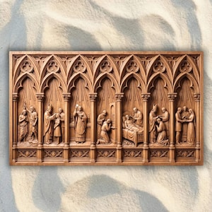 May include: A rectangular wooden wall plaque featuring seven carved arched panels depicting religious scenes. Each section shows figures in relief, including a baptism, a confession, and a wedding, framed by intricate Gothic-style architectural columns.
