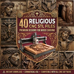 Pode incluir: Um gráfico digital apresentando uma máquina CNC esculpindo um relevo em madeira de um rosto com uma coroa de espinhos. O fundo exibe uma colagem de 40 designs religiosos. O texto diz: 40 RELIGIOUS CNC STL FILES PREMIUM DESIGNS FOR WOOD CARVING.
