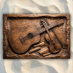 May include: A wooden relief carving of a guitar, violin, harmonica, and sheet music. The instruments are carved in a warm brown tone, with visible wood grain. The rectangular plaque has a rustic, textured border, evoking a sense of craftsmanship.