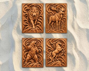 Wildlife Set of 4 STL Files Bundle | Wolf Moose Bear Horse 3D Relief CNC Router Wood Carving | VCarve Aspire Carveco
