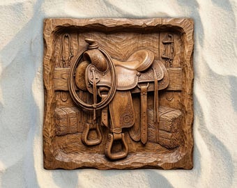 Western Saddle and Lasso CNC STL File, 3D Relief CNC Router File, Wood Carving 3D Printing Model, Western Wall Art, Rustic Home Decor