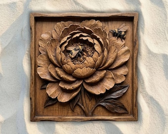 Panel de peonías con abejorros (archivo STL para CNC), archivo para fresadora CNC de relieve 3D, modelo para impresión 3D de tallado en madera, arte floral para pared, decoración natural para el hogar.