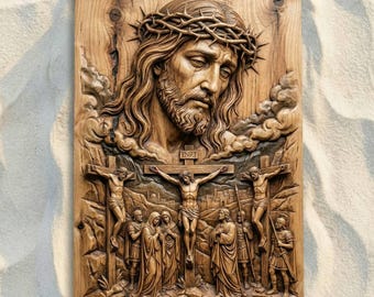 May include: A detailed wooden carving depicting Jesus wearing a crown of thorns, with a scene of the crucifixion below. The artwork is carved into a rectangular wooden panel, showcasing intricate details and textures. The overall color is a warm, natural wood tone.