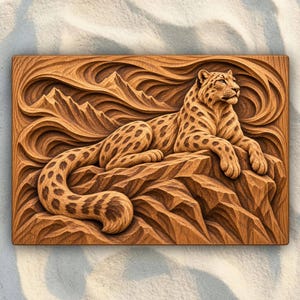 May include: A rectangular wooden wall plaque featuring a detailed relief carving of a leopard resting on a rocky outcrop. The background displays stylized mountain peaks and swirling wind patterns, all rendered in a natural wood grain finish.