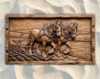 Shire Horses Ploughing CNC STL File, 3D Relief CNC Router File, Wood Carving 3D Printing Model, Farm Wall Art, Rustic Home Decor