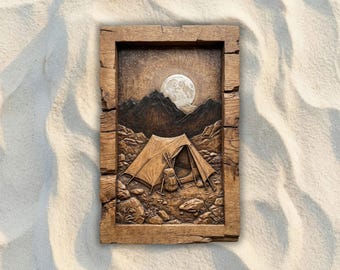 Backpacker Tent Full Moon Mountain STL File, 3D Relief CNC Router File, Wood Carving 3D Printing Model Camping Wall Art Adventure Home Decor