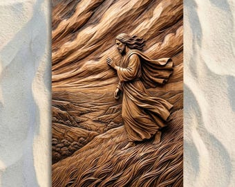 Op de afbeelding: Een houten reliëfsnijwerk dat een figuur in vloeiende gewaden afbeeldt die op een heuvel loopt. Het kunstwerk is uitgevoerd in bruintinten, met gedetailleerde texturen die wind en landschap suggereren. Het haar en de gewaden van de figuur zijn naar achteren geveegd.