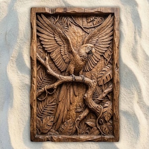 May include: A detailed wooden carving of a parrot with outstretched wings, perched on a branch. The artwork features intricate details of the bird's feathers and the surrounding foliage, including leaves and vines. The carving is framed and has a natural wood finish.