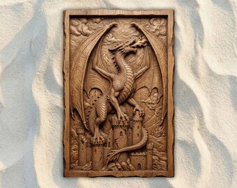 Dragon on Castle CNC STL File, 3D Relief CNC Router File, Wood Carving 3D Printing Model, Fantasy Wall Art, Medieval Home Decor