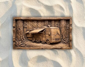 Class A Motorhome in Redwood Forest STL File, 3D Relief CNC Router File, Wood Carving 3D Printing Model, RV Wall Art, Camping Home Decor