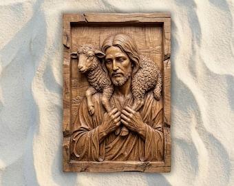 May include: A rectangular wooden wall plaque featuring a detailed relief carving of a figure with long hair and a beard, holding a lamb across their shoulders. The carving displays natural wood grain textures and deep, defined contours throughout.