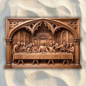 May include: A rectangular wooden wall carving depicting The Last Supper scene. The relief features thirteen figures seated at a long table under a detailed gothic archway with columns on both sides. The wood has a medium brown finish.