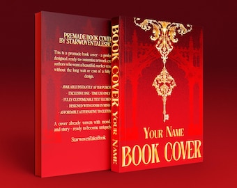 May include: A red book cover design featuring a gold ornate key graphic and gothic arch patterns. The spine and front display the text BOOK COVER YOUR NAME. The back includes text describing the premade book cover by Starwoventalesbook.