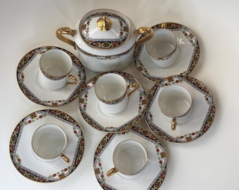 Elegant Limoges CFP Coffee/Tea Set – 6 Cups with Saucers + Sugar Bowl – Fine Porcelain – Vintage French