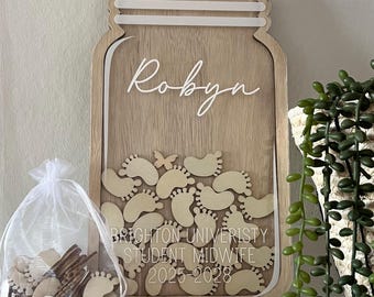 Stork Personalised Birth Counter | 40 Birth Tracker | Student Midwife Gift | Midwifery Record Keepsake | Wooden Feet or Heart Counters