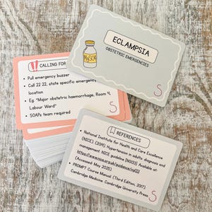 May include: A collection of medical flashcards. One card displays "ECLAMPSIA OBSTETRIC EMERGENCIES" with a MgSO4 bottle illustration. Other cards detail "CALLING FOR" and "REFERENCES" with bulleted lists of medical guidelines and emergency procedures.